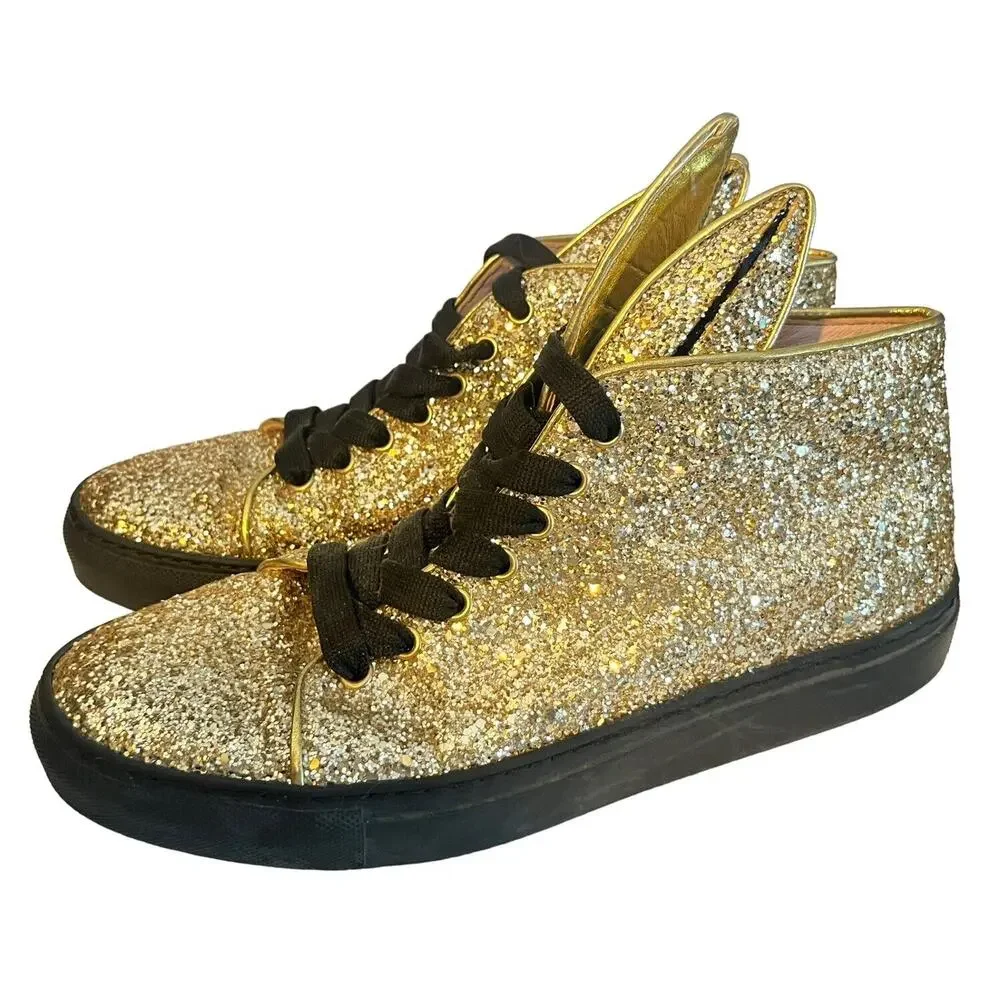 Minna Parikka Bunny Ears Sneaker •Women 40 /US 9• Gold Glitter Black Hi Top - Picture 4 of 15